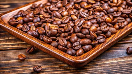 Fototapeta premium Brown coffee beans with glossy surface, scattered on a wooden table or tray, showcasing their unique texture and natural color , natural texture, roasted coffee