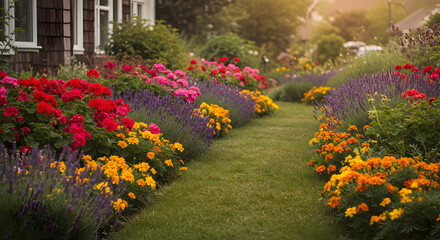 Vibrant Flower Bed Bordering Freshly Cut Grass Pathway During Summer