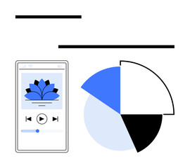 Smartphone screen featuring a music player with floral design and playback controls beside a bold, three-section pie chart. Ideal for music, analytics, technology, data representation, minimalism