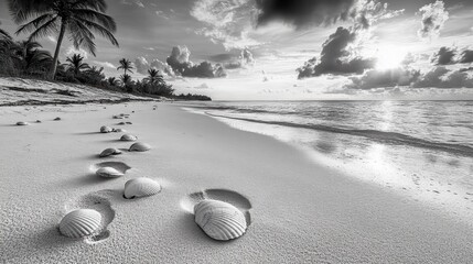 Monochrome beach scene with shells and footprints.