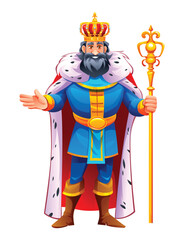 King in regal attire with a crown, holding a scepter, spreading his arms in a gesture of leadership. Vector cartoon character illustration