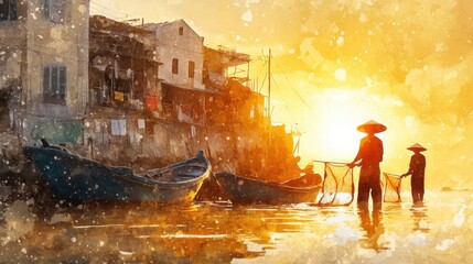 Sunrise scene of fishing village with weathered buildings.