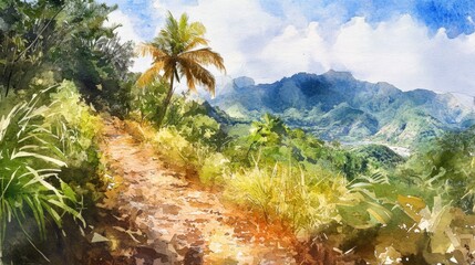 Tropical mountain path scene in watercolor style.