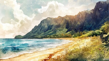 Coastal landscape painting with a tropical feel.