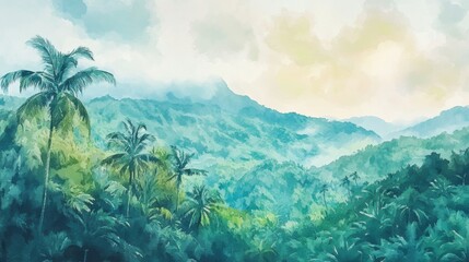 A  lush,  tropical  mountain  valley  landscape  with  palms.