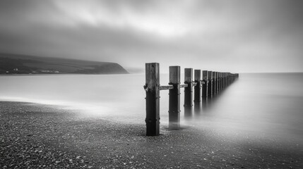 Calm coastal scene with wooden posts in black and white.