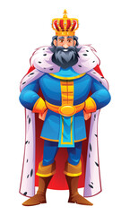 King in royal attire with a crown and regal robes, standing confidently. Vector cartoon character illustration