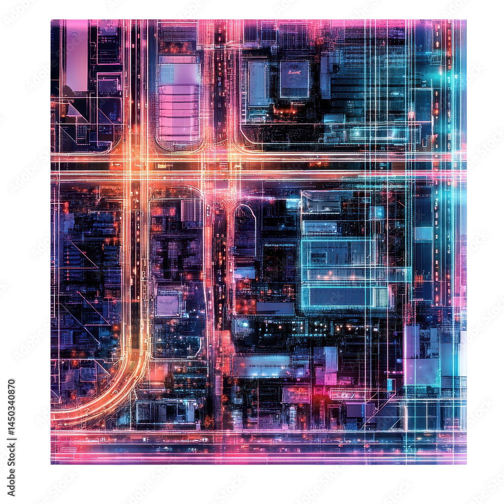 Poster a holographic map showing real-time ai analysis of traffic and city data. isolated on white backgrou
