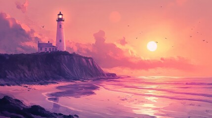Pastel sunset seascape with a lighthouse.