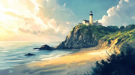 Coastal landscape painting with a lighthouse at dawn.