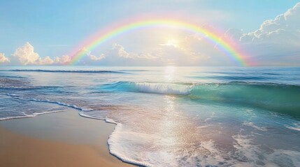A vibrant beach scene with a colorful rainbow.
