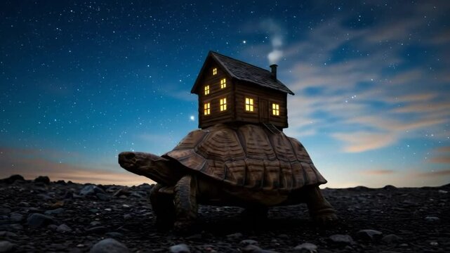 Turtle carrying house twilight scene