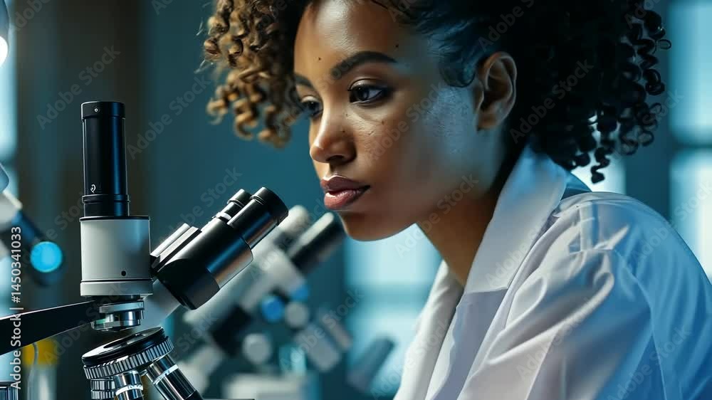 Poster A woman scientist is looking at a microscope in a laboratory. The lab environment is pristine, with cool, bluish lighting. She looks focused on her work and the equipment she is using.