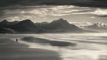 Monochrome coastal scene with solitary figure.