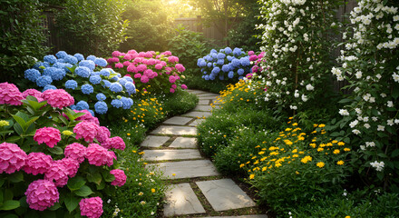 Fototapeta premium Inviting Stone Pathway Winding Through a Colorful and Lush Floral Garden