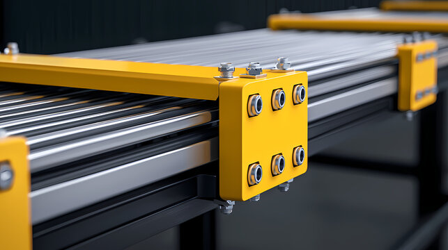 A close-up of an industrial conveyor system with yellow metal brackets and parallel steel rollers, used for material handling in a manufacturing facility.