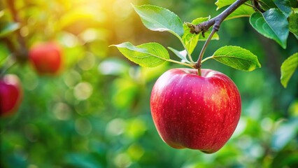 A ripe red apple hanging from a thin branch in a lush green tree surrounded by leaves and foliage, apple, tree, apple