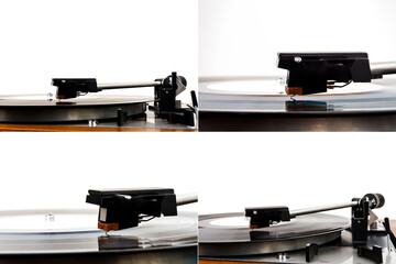 Collection of images with vintage stereo turntable vinyl record player isolated on white background