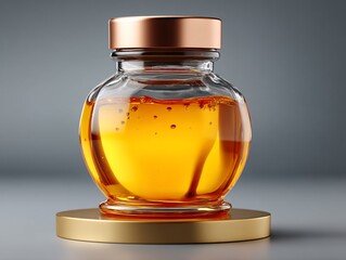 Golden liquid within glass vessel atop a metallic base