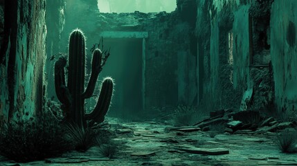 Ruined corridor passageway with desert plant.