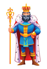 King in regal attire with a crown, holding a scepter in a commanding stance. Vector cartoon character illustration