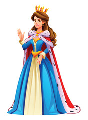 Royal queen in a blue gown with a crown and a red cape, smiling and waving. Vector cartoon character illustration