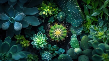 Lush arrangement of succulents and cacti in a garden.