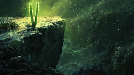 Illuminated rock formation with glowing cactus.