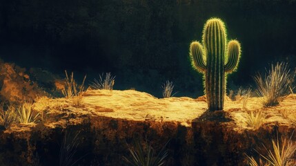 Illuminated desert landscape featuring a vibrant cactus.