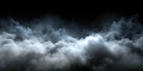 Dense grey fog slowly crawling across a dark and foreboding black background with heavy misty clouds obscuring all visibility