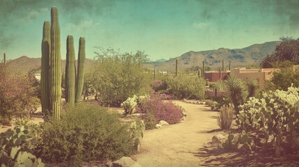 Desert landscape with cacti and a pathway.
