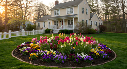 Obraz premium Well-Maintained Suburban Home With Vibrant Flowerbed In Peaceful Neighborhood