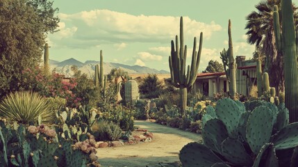 A picturesque desert garden path lined with cacti.