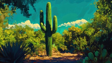 Vibrant desert landscape featuring a large cactus.
