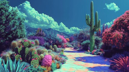 Vibrant desert landscape with colorful plants and pathway.