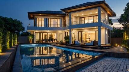 Fototapeta premium Luxury Villa at Dusk with Pool