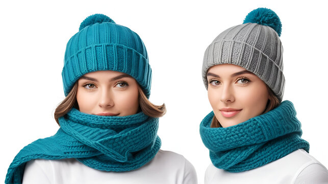 Woolen scarf and cap isolated on white background