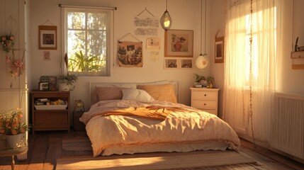 A sun-drenched bedroom, cozy and inviting, filled with warm hues.