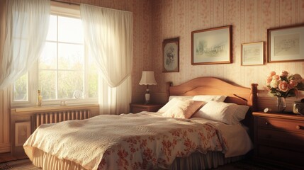 Warm, sunlit bedroom with vintage style.