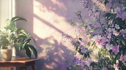 Interior scene of a room with flowering plants, bathed in soft sunlight.