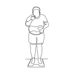 Continuous single line of big over weight fat man scale his weight. Lifestyle healthy sketch drawing editable stroke vector illustration