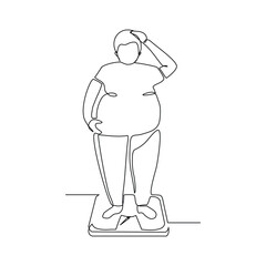 Continuous single line of big over weight fat man scale his weight. Lifestyle healthy sketch drawing editable stroke vector illustration