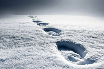Footprints lead through untouched snow in a tranquil white landscape under an overcast sky