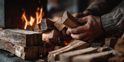 Hands holding firewood near a warm fireplace (1)