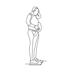 Continuous single line of big over weight fat man scale his weight. Lifestyle healthy sketch drawing editable stroke vector illustration