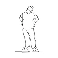 Continuous single line of big over weight fat man scale his weight. Lifestyle healthy sketch drawing editable stroke vector illustration