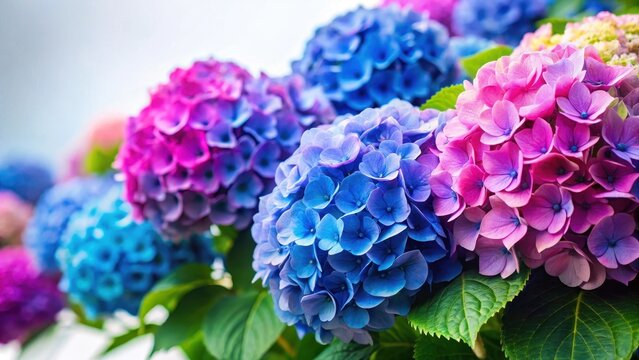 Colorful hydrangeas in full bloom with vibrant blue hue, set against a soft white background, hydrangea, blue, hydrangea
