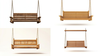 Four wooden swing benches, suspended by ropes.  Different variations of the design shown