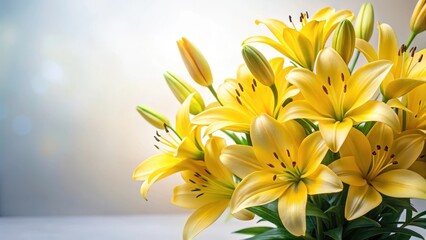 Obraz premium Vibrant yellow lily flowers arranged in a delicate bouquet against a soft white background , elegant style, garden inspiration