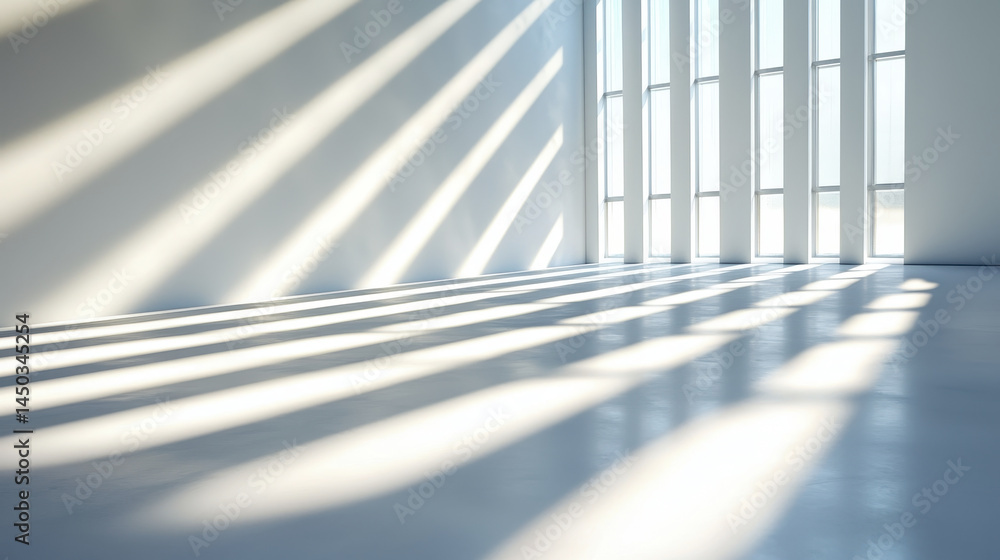 Aufkleber serene interior space with soft light rays casting shadows on smooth floor, creating tranquil atmosp